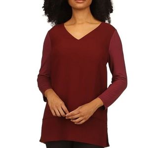Michael Kors Mixed Woven Knit Layered Hem V-Neck 3/4 Sleeve